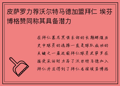 皮萨罗力荐沃尔特马德加盟拜仁 埃芬博格赞同称其具备潜力