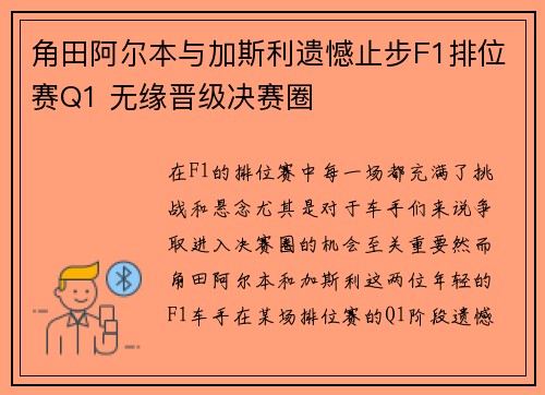 角田阿尔本与加斯利遗憾止步F1排位赛Q1 无缘晋级决赛圈