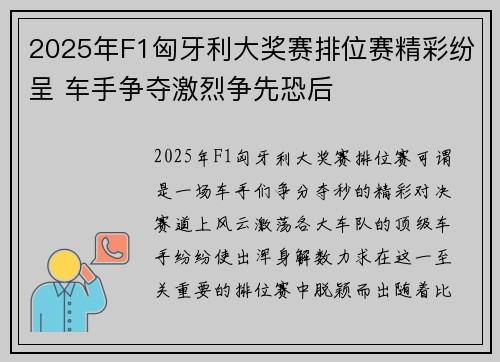 2025年F1匈牙利大奖赛排位赛精彩纷呈 车手争夺激烈争先恐后