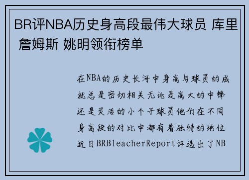 BR评NBA历史身高段最伟大球员 库里 詹姆斯 姚明领衔榜单
