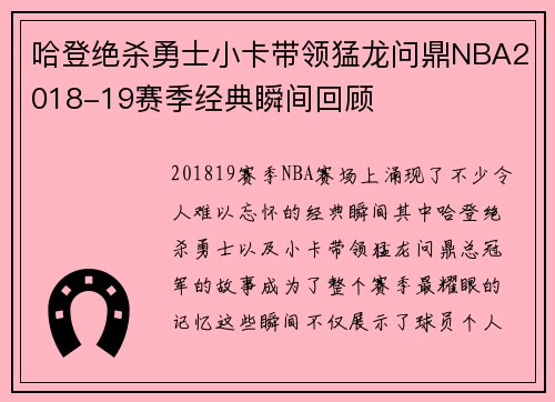 哈登绝杀勇士小卡带领猛龙问鼎NBA2018-19赛季经典瞬间回顾