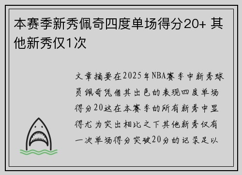 本赛季新秀佩奇四度单场得分20+ 其他新秀仅1次